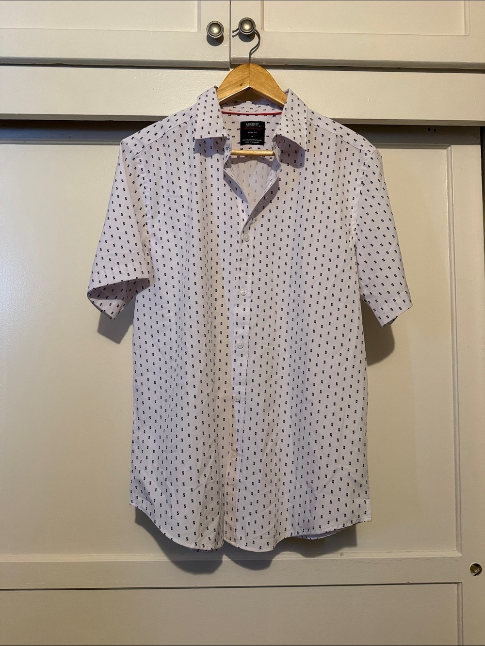 Men's White Short-Sleeve Button-Down Shirt with black Micro Print